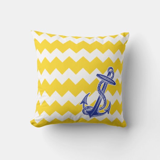 黄色いシェブロンの青いいかりの枕 クッション (正面)