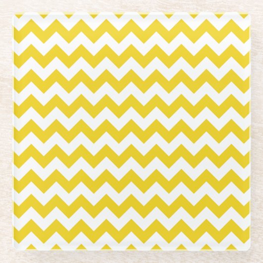 黄色いジグザグ、黄色い山形、幾何学模様 ガラスコースター (正面)