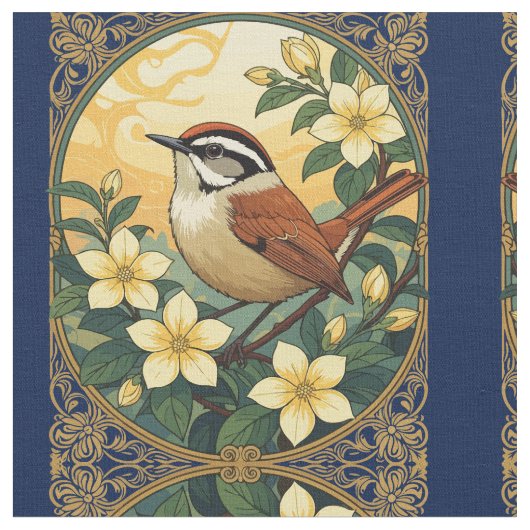 黄色いジャスミンの花の中に羽状鳥 ファブリック (クローズアップ)