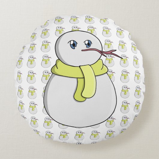 黄色いスカーフを着ている雪だるま ラウンドクッション (正面)