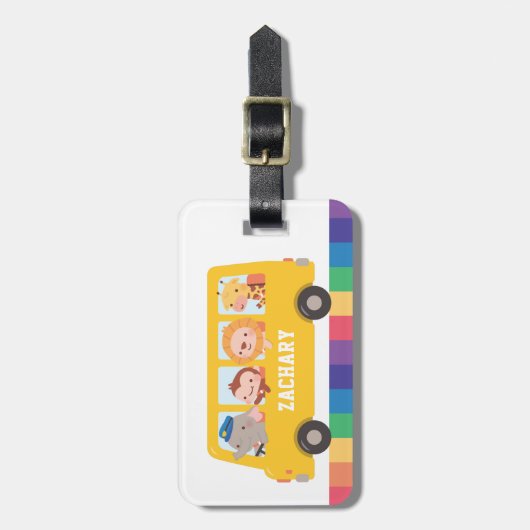 黄色いスクールバスとかわいい動物の子どもの名前 ラゲッジタグ (正面縦)