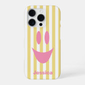 黄色いストライプのキュートなピンクのスマイル iPhoneケース (裏面)