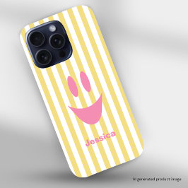 黄色いストライプのキュートなピンクのスマイル iPhone 16 PROケース