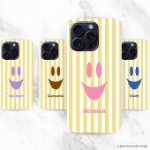 黄色いストライプのキュートなピンクのスマイル iPhoneケース