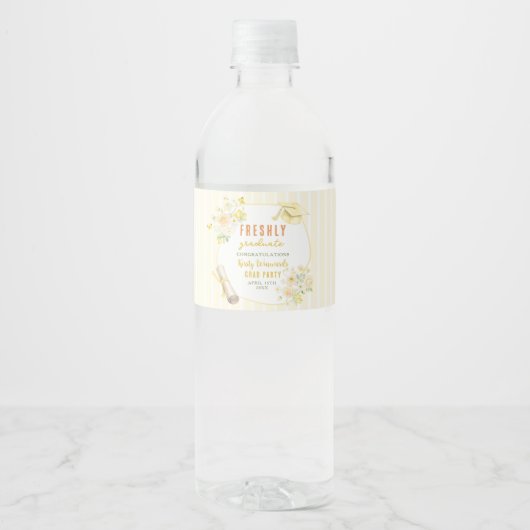 黄色いストライプのレモンと花の卒業 ペットボトルラベル (正面)