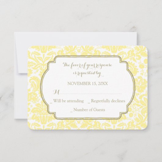 黄色いタンのダマスク織RSVPの結婚式の招待状 出欠カード (正面)