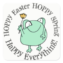 黄色いチューリップホッピー復活祭を提供するかわいいカエル