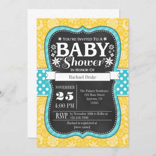 黄色いティール（緑がかった色）の黒板の花のベビーシャワーの招待 招待状 (正面/裏面)