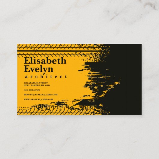 黄色いテクスチャ上のタイヤトラックプリントグランジマーク 名刺 (裏面)