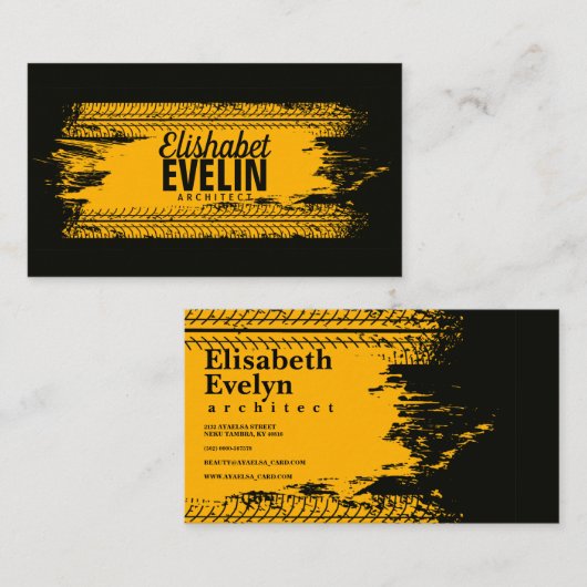 黄色いテクスチャ上のタイヤトラックプリントグランジマーク 名刺 (正面/裏面)