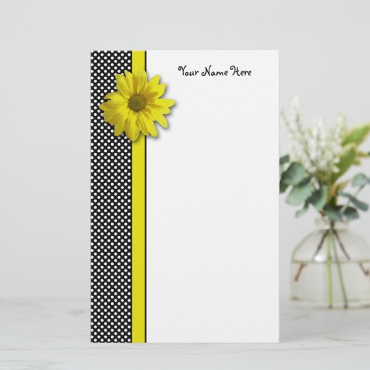 黄色いデイジーの白黒水玉模様 便箋 (スタンド正面)
