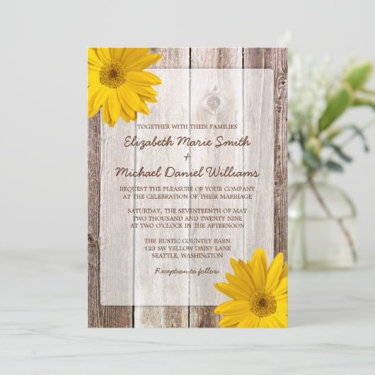 黄色いデイジーの素朴な納屋木結婚式招待状 招待状 (スタンド正面)