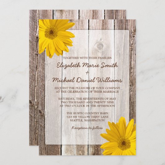 黄色いデイジーの素朴な納屋木結婚式招待状 招待状 (正面/裏面)