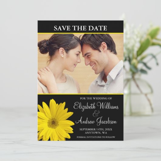 黄色いデイジーの黒の写真の保存日付 セーブザデート (スタンド正面)