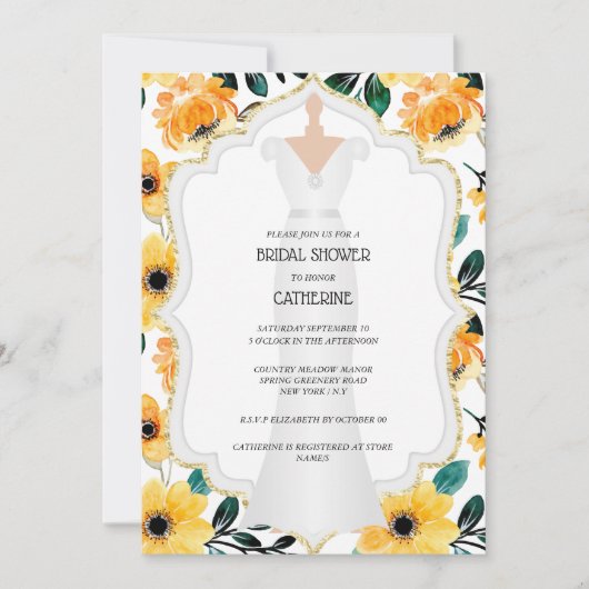 黄色いデイジー結婚の花嫁のドレスフローラ  招待状 (正面)