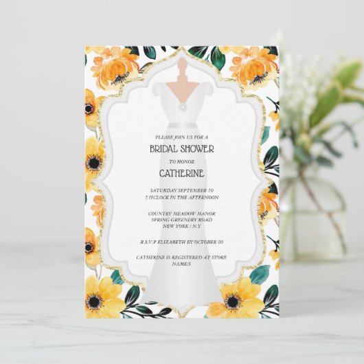 黄色いデイジー結婚の花嫁のドレスフローラ  招待状 (スタンド正面)