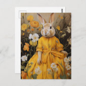 黄色いドレスと花の超現実的なウサギ ポストカード (正面/裏面)
