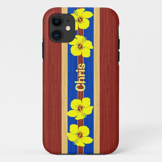 黄色いハイビスカスの偽造品木サーフボード Case-Mate iPhoneケース (裏面)