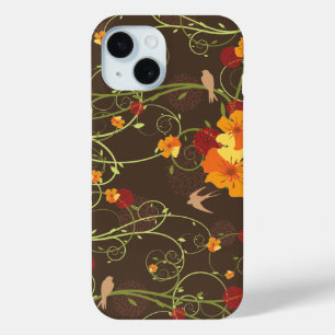 黄色いハイビスカスの渦巻およびつばめのエレガントな花柄 iPhone 15ケース