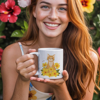 黄色いハイビスカスの花に囲まれたオレンジ色の猫 コーヒーマグカップ