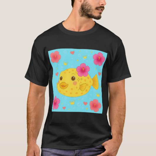 黄色いハコフグとハイビスカス - 青 Tシャツ (正面)