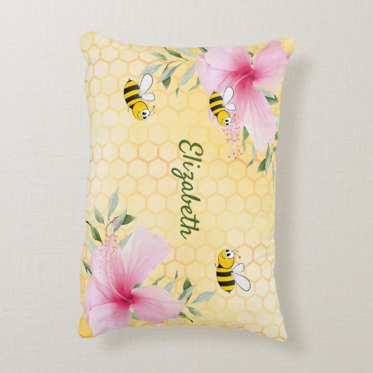 黄色いハニカムピンクの花ミツバチの名前 アクセントクッション (裏面(縦))