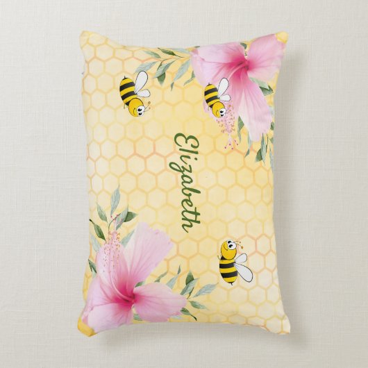 黄色いハニカムピンクの花ミツバチの名前 アクセントクッション (正面(垂直))