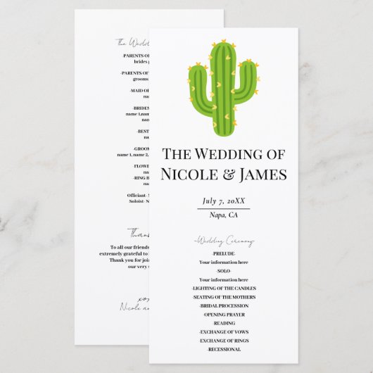 黄色いハートサボテンのフィエスタ・ラブ結婚式プログラム メニュー (正面/裏面)