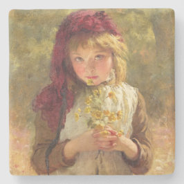 黄色いバターカップの花を持つかわいい少女 ストーンコースター