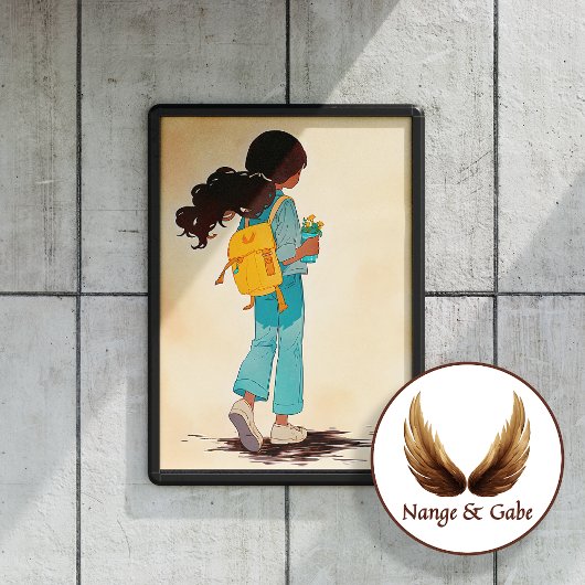 黄色いバックパックと花を持つアニメガール ポスター