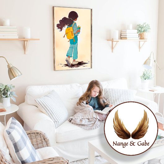 黄色いバックパックと花を持つアニメガール ポスター