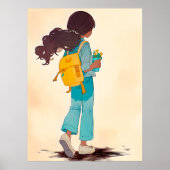 黄色いバックパックと花を持つアニメガール ポスター (正面)