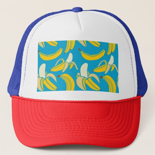 黄色いバナナ、青い背景パターン キャップ (正面)