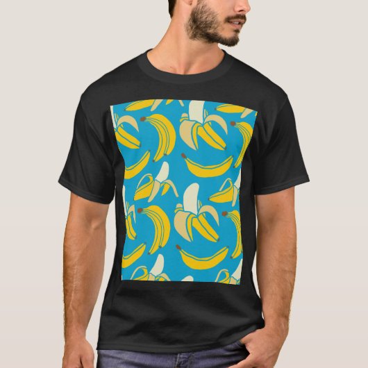 黄色いバナナ、青い背景パターン Tシャツ (正面)