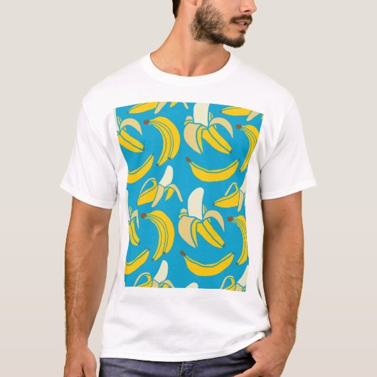 黄色いバナナ、青い背景パターン Tシャツ (正面)
