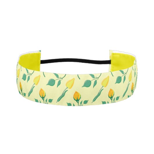 黄色いバラとチューリップの花を持つ花柄 アスレチックヘッドバンド (正面)