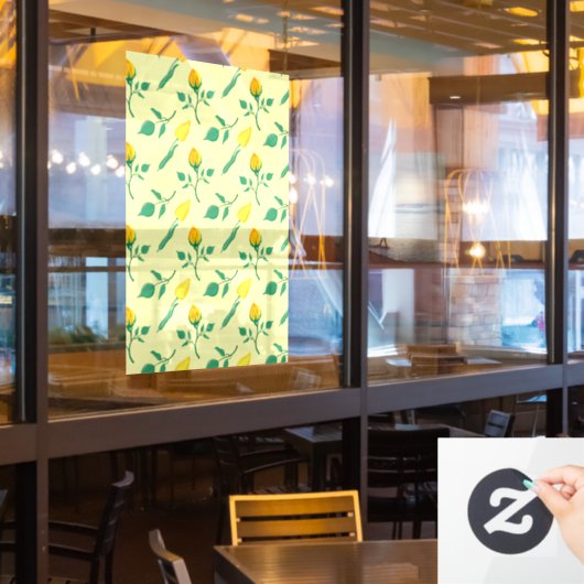 黄色いバラとチューリップの花を持つ花柄 ウィンドウサイン (レストラン窓)