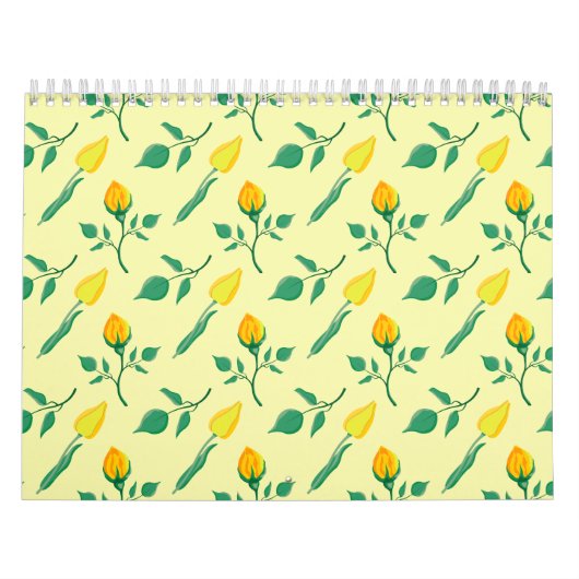 黄色いバラとチューリップの花を持つ花柄 カレンダー (カバー)