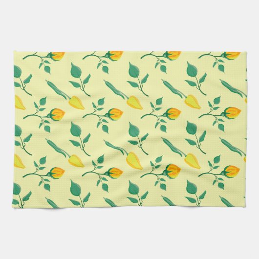 黄色いバラとチューリップの花を持つ花柄 キッチンタオル (横)
