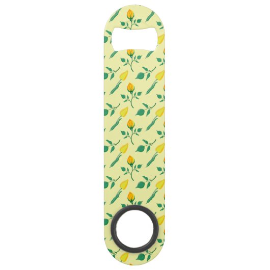 黄色いバラとチューリップの花を持つ花柄 スピード栓抜き (正面)