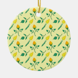 黄色いバラとチューリップの花を持つ花柄 セラミックオーナメント