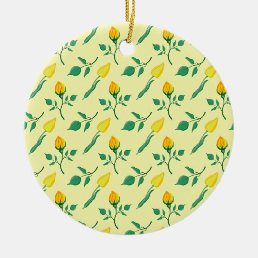 黄色いバラとチューリップの花を持つ花柄 セラミックオーナメント (正面)