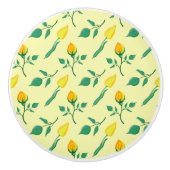 黄色いバラとチューリップの花を持つ花柄 セラミックノブ (正面)