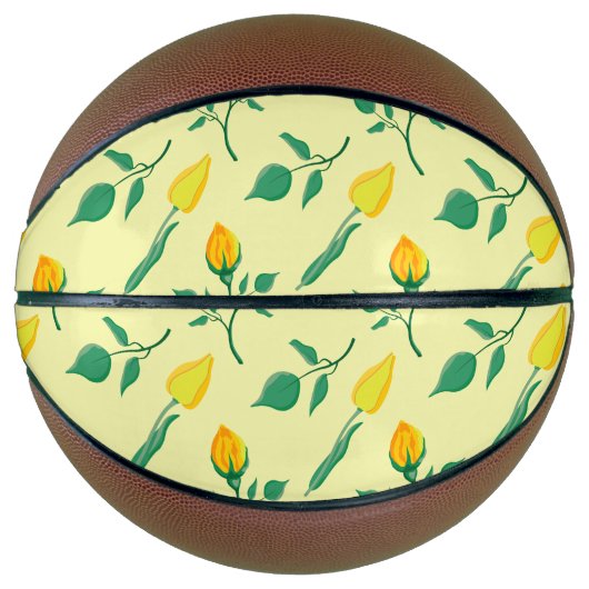 黄色いバラとチューリップの花を持つ花柄 バスケットボール (正面)