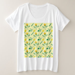 黄色いバラとチューリップの花を持つ花柄 プラスサイズTシャツ