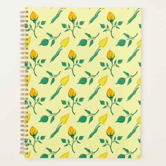 黄色いバラとチューリップの花を持つ花柄 プランナー手帳 (正面)