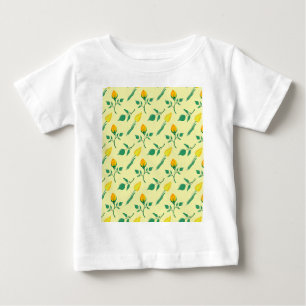 黄色いバラとチューリップの花を持つ花柄 ベビーTシャツ