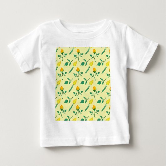 黄色いバラとチューリップの花を持つ花柄 ベビーTシャツ (正面)