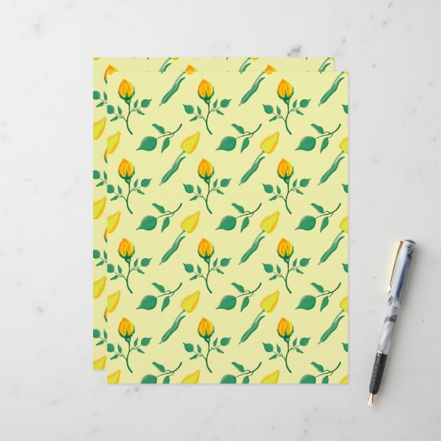 黄色いバラとチューリップの花を持つ花柄 レターヘッド (正面/裏面インサイチュ)