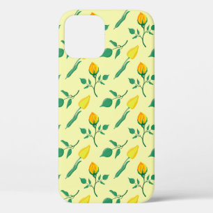 黄色いバラとチューリップの花を持つ花柄 iPhone 12ケース